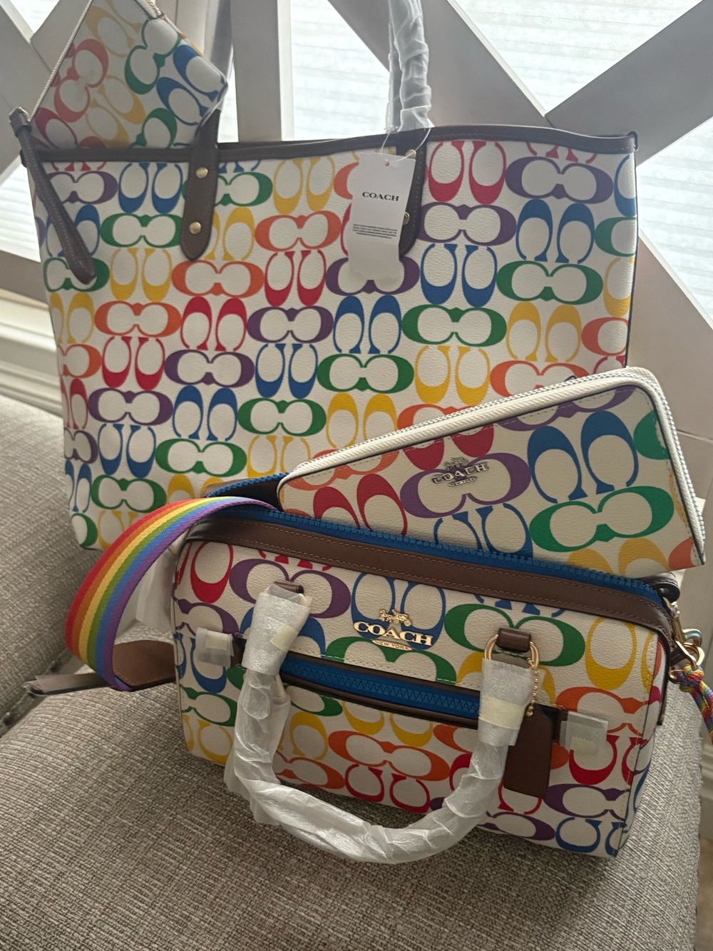 NWT!  4 set! Coach Pride Rowan Satchel, Rainbow Tote, Crossbody & Wristlet Set